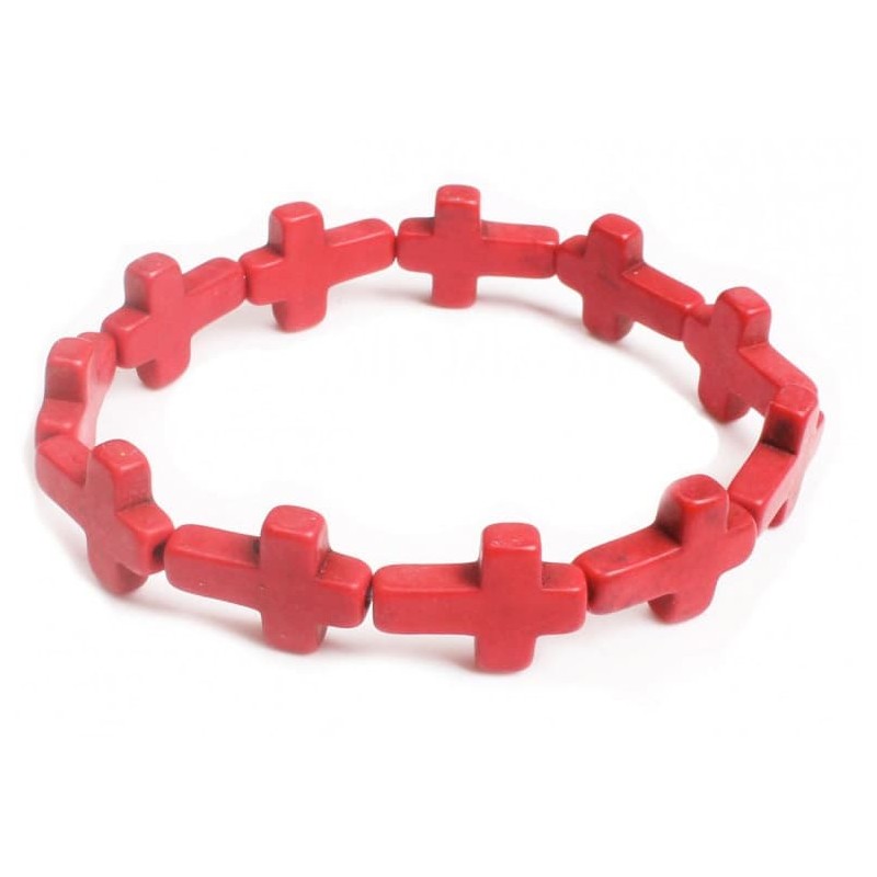 Pulsera elástica de cuentas esféricas de color rojo vibrante con textura de imitación turquesa.