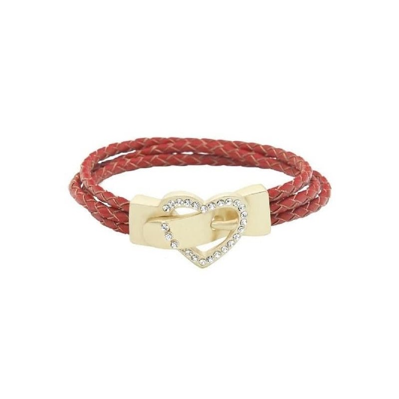Pulsera de piel negra con detalles de cristales de estrás y dos dijes entrelazados en forma de corazón.