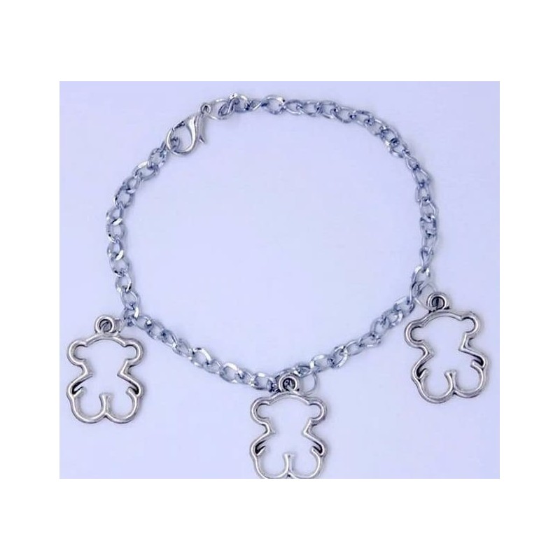 Pulsera de cadena de acero con acabado plata y tres dijes centrales en forma de oso pulido.
