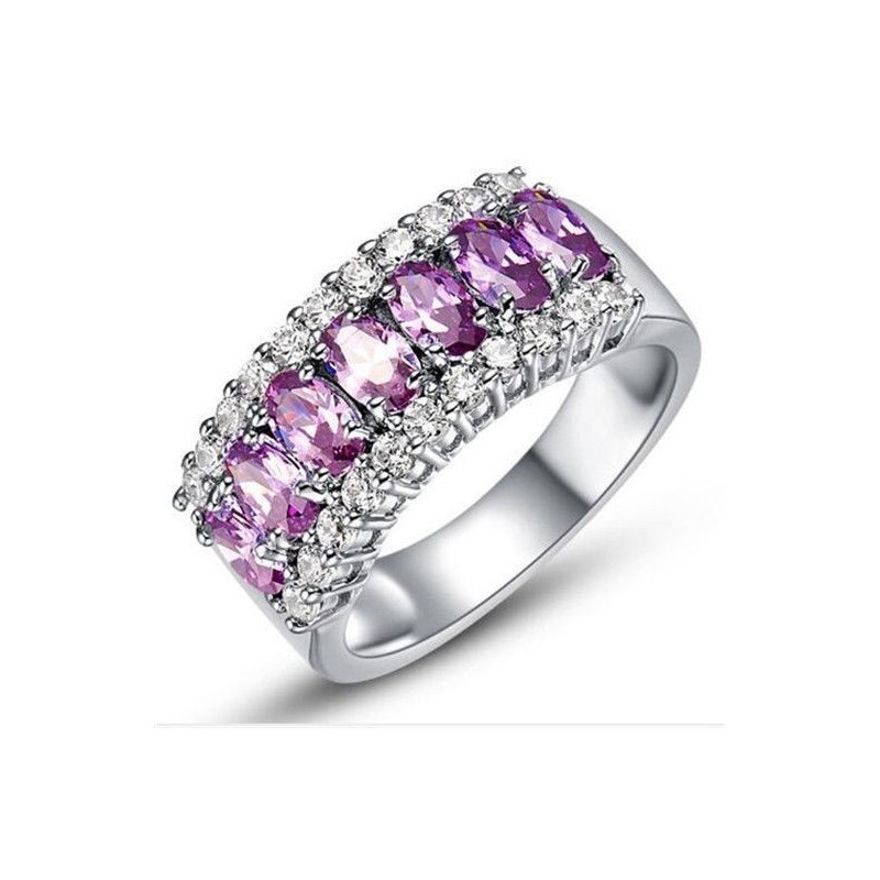 Anillo de acero chapado en plata de mujer con piedras preciosas de color púrpura y blancas