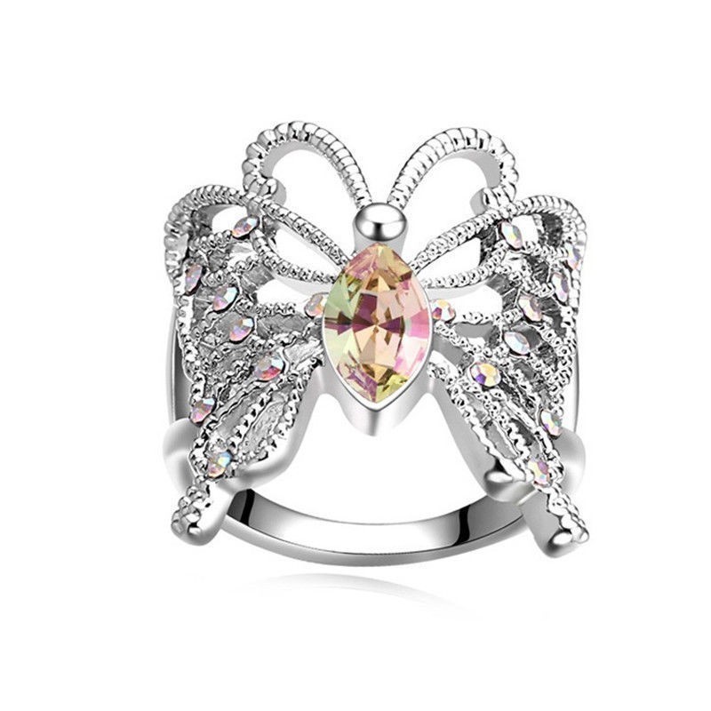 Anillo mariposa con acero chapado en plata para mujer con piedras cristal rosa y circonitas blancas
