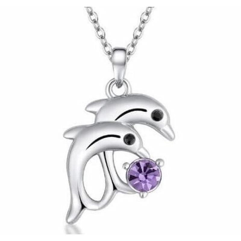 Collar bañado en plata con colgante diseño de dos delfines con piedra cristal púrpura para mujer