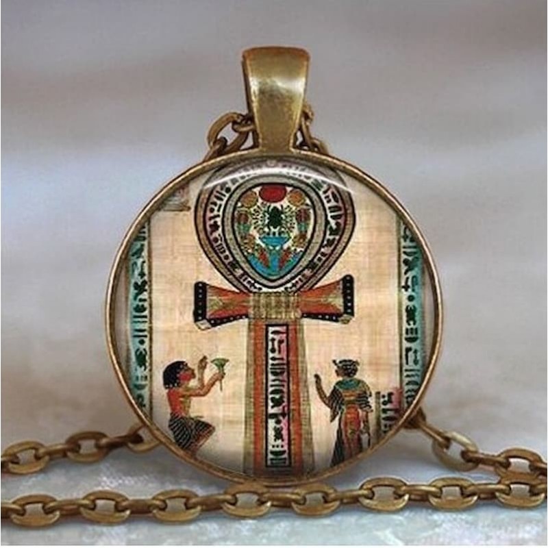 Collar de acero para mujer con colgante cabujon cruz egipcia Ankh