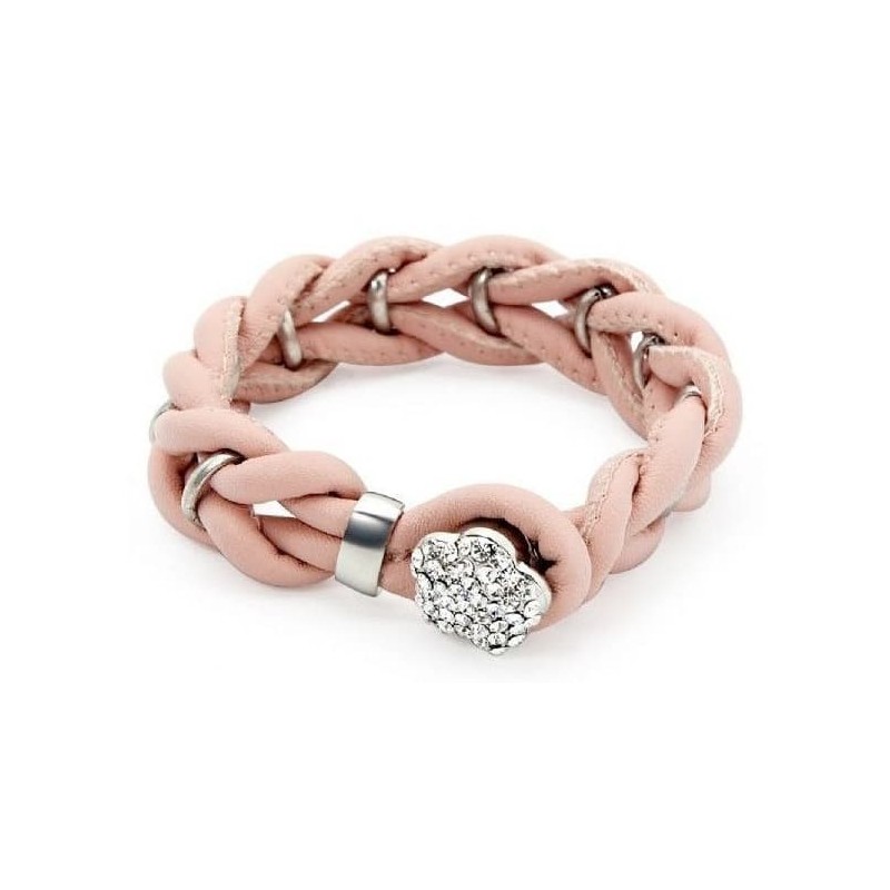 Pulsera de piel color rosa pastel decorada con una hilera de cristales de estrás brillantes.