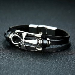 Brazalete de piel y acero inoxidable con cruz egipcia dios Ankh