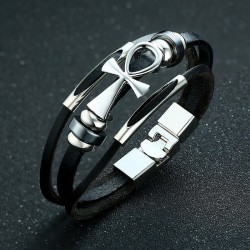 Brazalete de piel y acero inoxidable con cruz egipcia dios Ankh