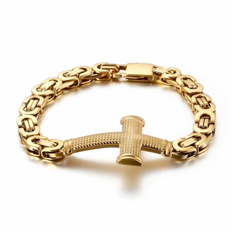 Brazalete para hombres en acero inoxidable chapado en oro diseño cruz cristiana