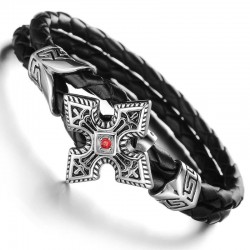 Brazalete para hombres de acero y piel diseñado con cruz de caravaca y piedra central color roja