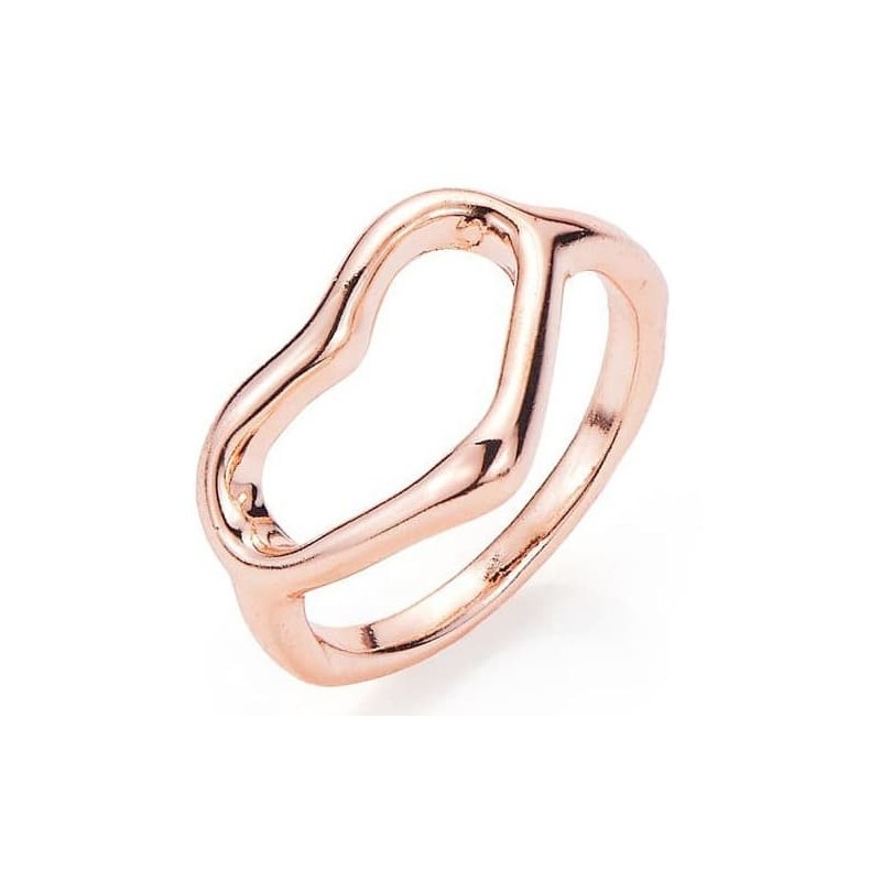 Anillo de mujer en acero con acabado oro rosa y detalle central en forma de corazón.