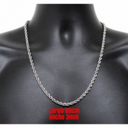 Cadena cordón diseño salomónico de acero bañado en plata de 3 y 4 mm de ancho y 80 cm de largo