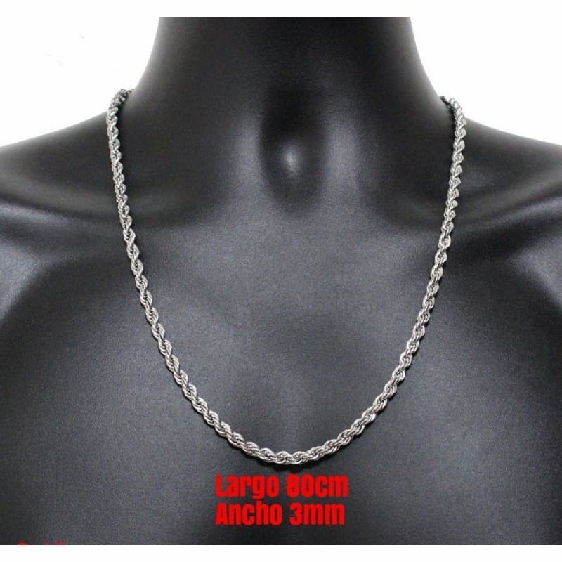 Cadena cordón diseño salomónico de acero bañado en plata de 3 y 4 mm de ancho y 80 cm de largo