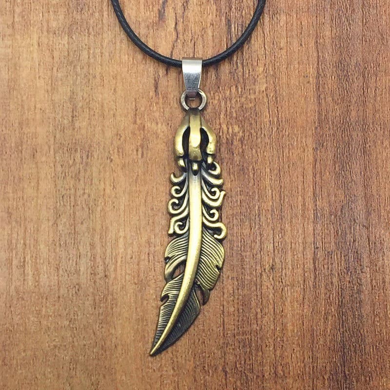 Cordón de piel con colgante diseño pluma de color bronce