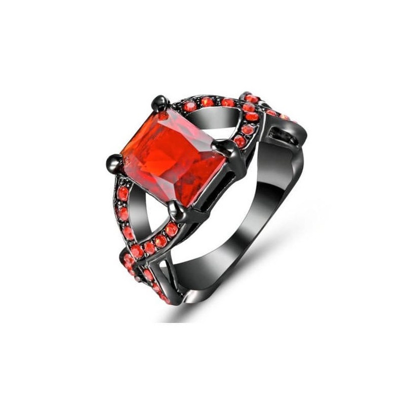 Anillo de mujer de acero negro con piedra central roja facetada.