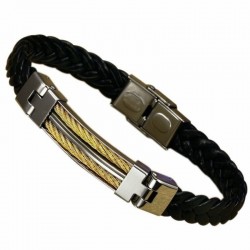 Pulsera de hombre fashion de cuero vacuno con alambres dorados