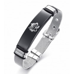 Pulsera de acero inoxidable diseño lobo con cadena de red de color negro