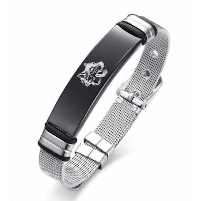 Pulsera de acero inoxidable diseño lobo con cadena de red de color negro
