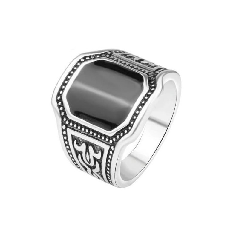 Anillo de acero inoxidable bañado en plata con esmalte negro en Talla 22