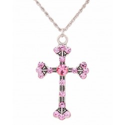 Collar de acero bañado en plata diseñado con cruz y piedras de color rosa