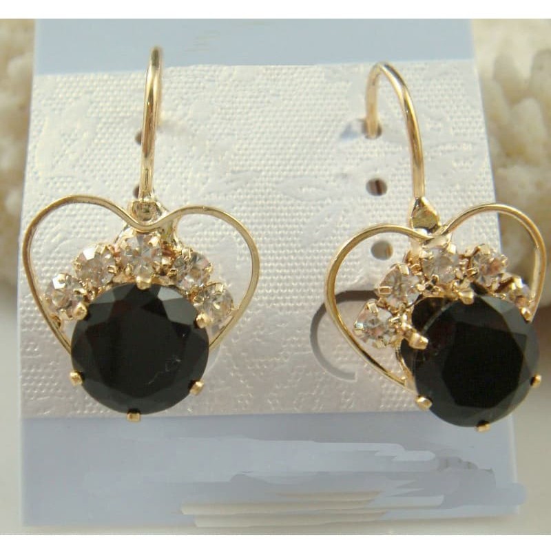 Pendientes para mujer en acero chapado en oro de 9k con corazón y piedra negra