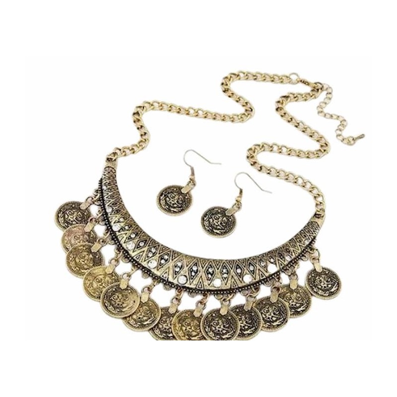 Conjunto de collar y pendientes diseñado con el estilo de monedas antiguas