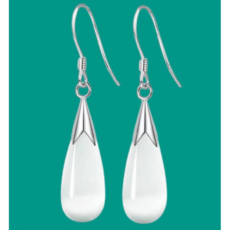 Pendientes largos de acero cahapado en plata con piedra imitaciónd ópalo