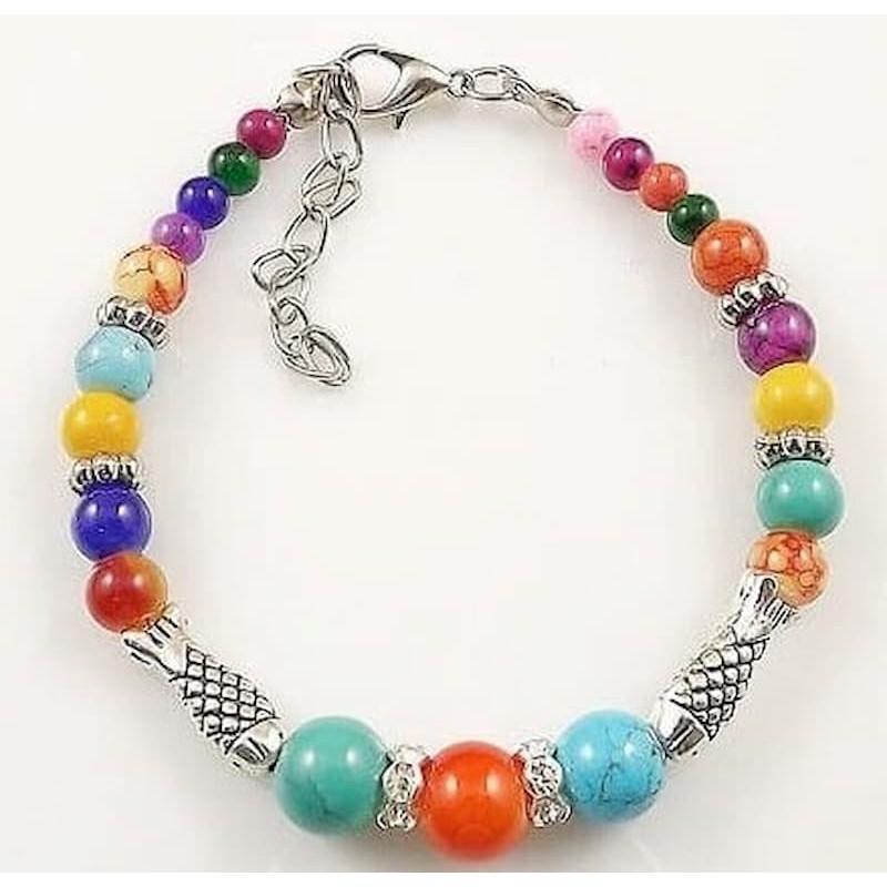 Pulsera de cadena de acero plateado con hileras de cuentas esféricas en diversos colores vibrantes.