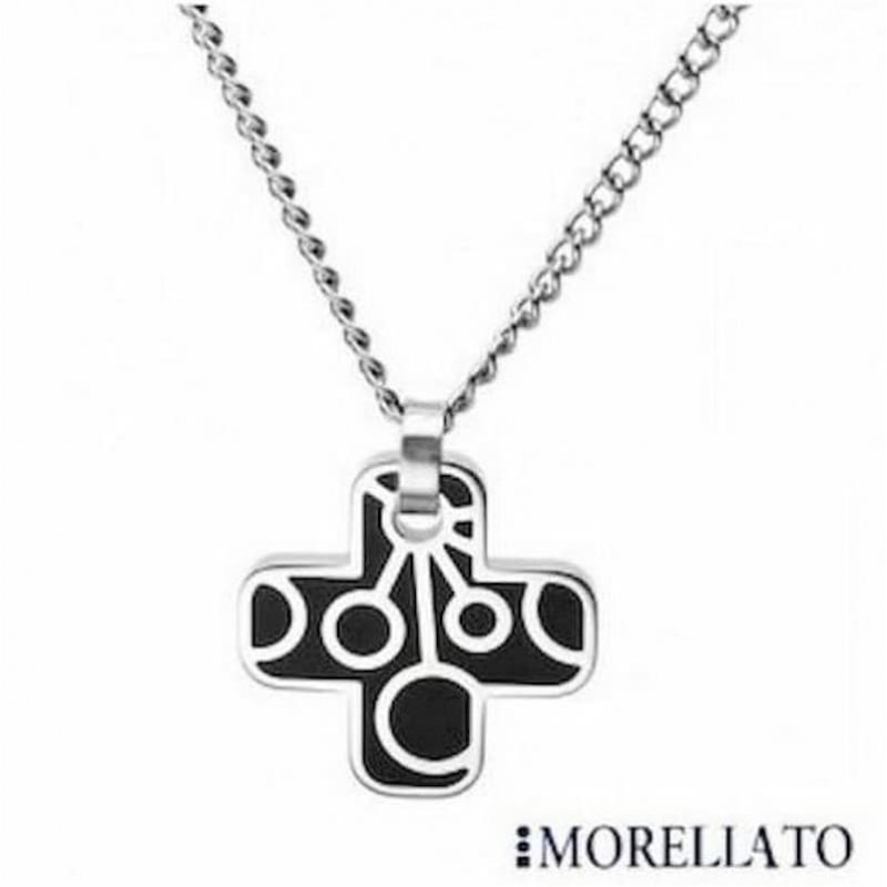 Collar de acero inoxidable con esmalte negro sobre diseño de cruz de la marca italiana Morellato