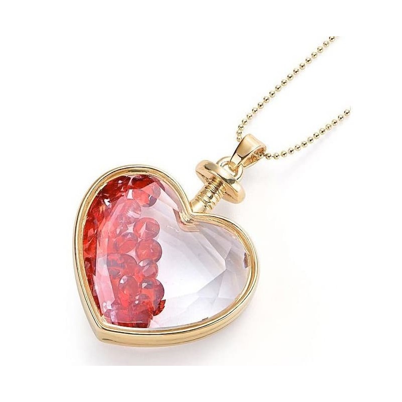 Collar de acero chapado en oro con colgante frasco con cristales rojos