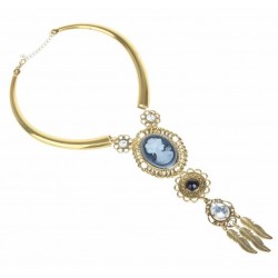 Collar largo para mujer diseño vintage de acero dorado con perla negra