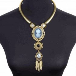 Collar largo para mujer diseño vintage de acero dorado con perla negra