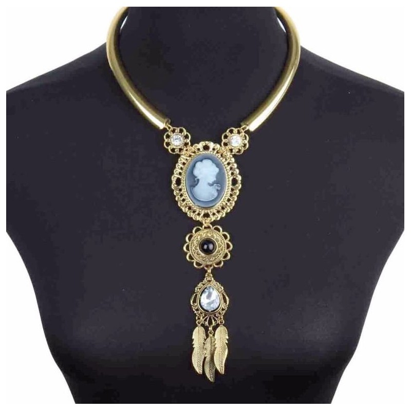 Collar largo para mujer diseño vintage de acero dorado con perla negra