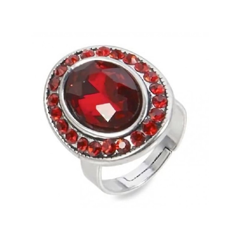 Anillo ajustable de mujer con baño de plata y gran piedra central de cristal rojo brillante.
