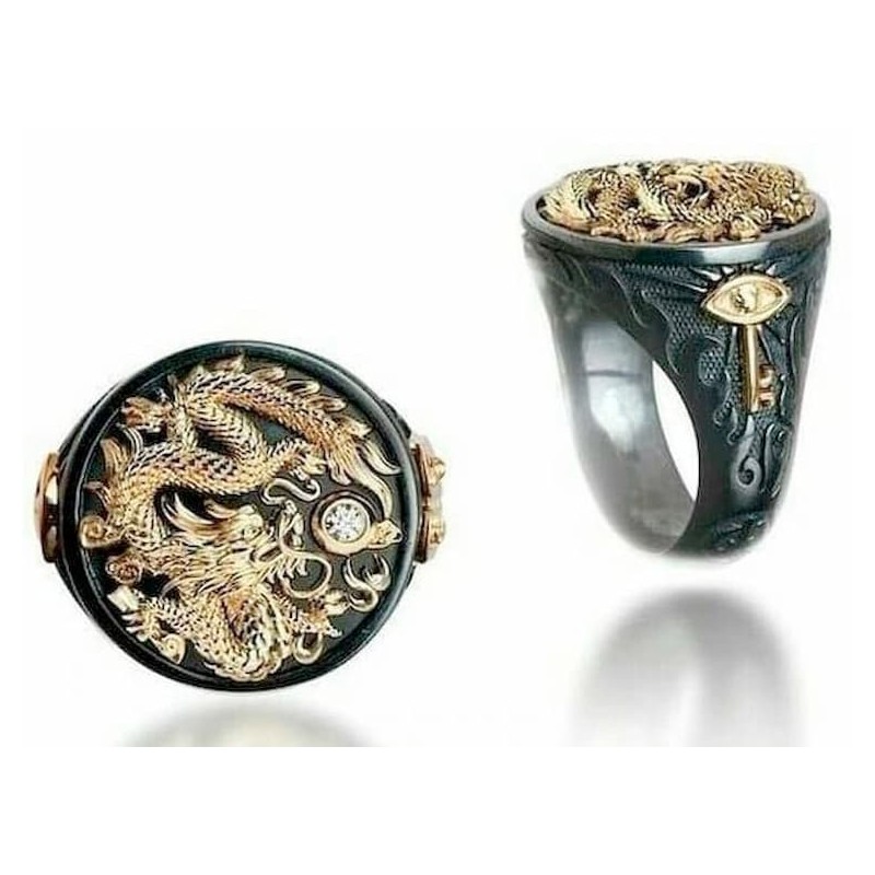Anillo de acero para hombres diseñado con sello de color negro con dragón dorado