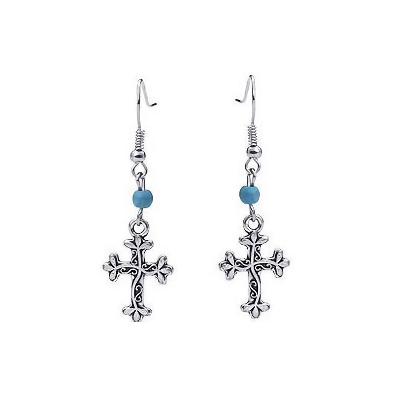 Pendientes chapados en plata con cruz y pequeña esfera de color turquesa
