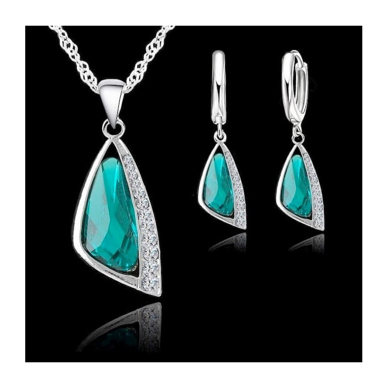 Conjunto de collar y pendientes de acero chapado en plata con piedras de color turquesa