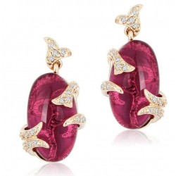 Pendientes de acero chapados en oro con circonia roja y pequeñas piedras de cristal