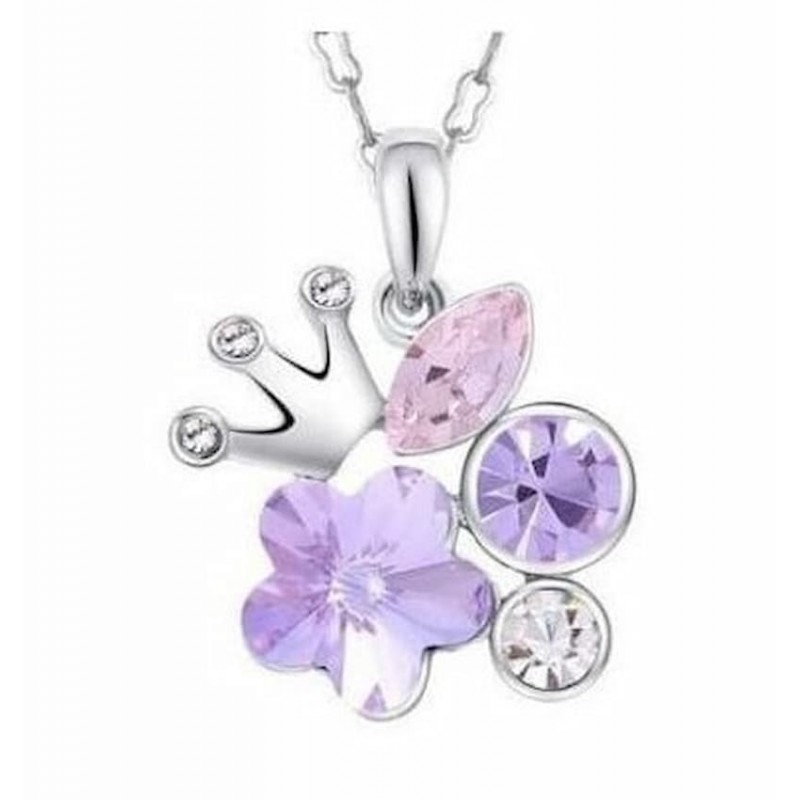 Collar de mujer chapado en plata diseñado con una corona y piedras de cristal de varios colores y tamaños