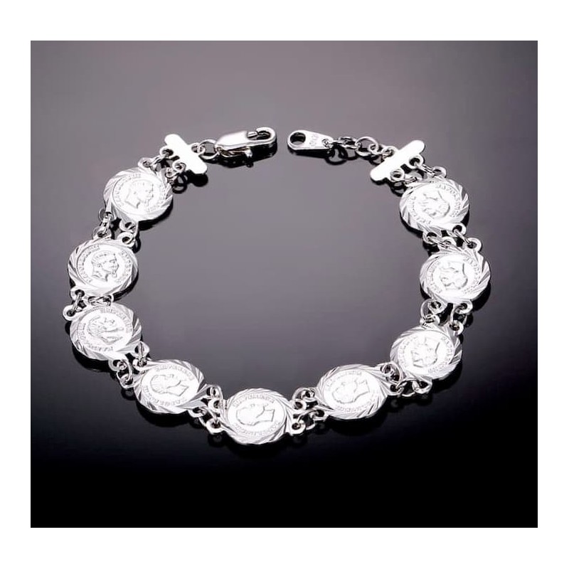 Pulsera para mujer con dijes de reproducciones de monedas francesas de cobre con baño de plata de ley 925.