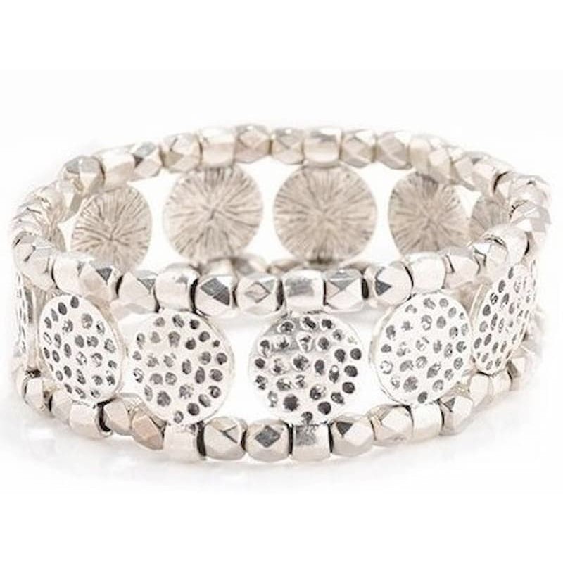 Pulsera de acero inoxidable para mujer con acabado de metal envejecido tipo plata vieja y eslabones decorativos.