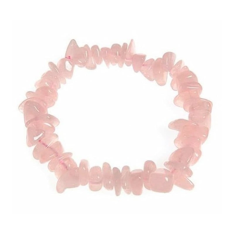 Pulsera elástica para mujer fabricada con piedras naturales de cuarzo rosa esféricas y detalles en acero inoxidable.