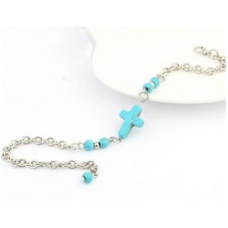 Pulsera tobillera chapada en plata con cruz símil turquesa