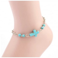 Pulsera tobillera chapada en plata con cruz símil turquesa