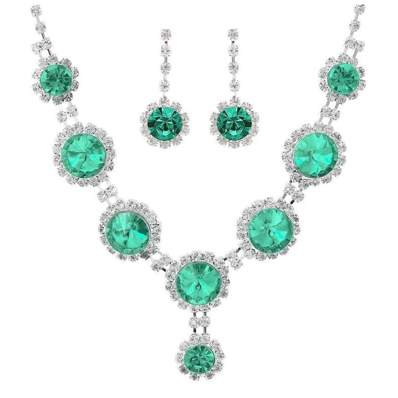 Collar y pendientes con piedras de cristal de color verde esmeralda