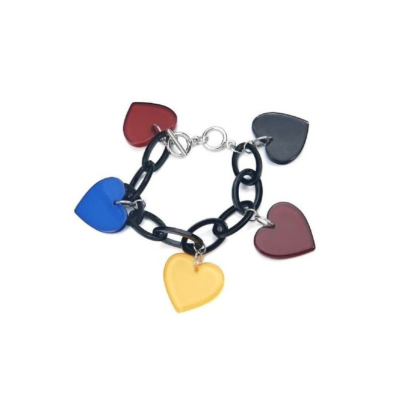 Pulsera de cadena fina para mujer con cinco abalorios colgantes en forma de corazón de acrílico de colores.