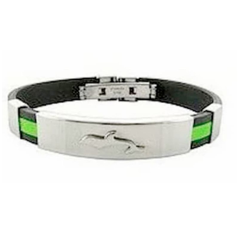 Pulsera de goma técnica negra con placa central de acero inoxidable decorada con un relieve de delfín.