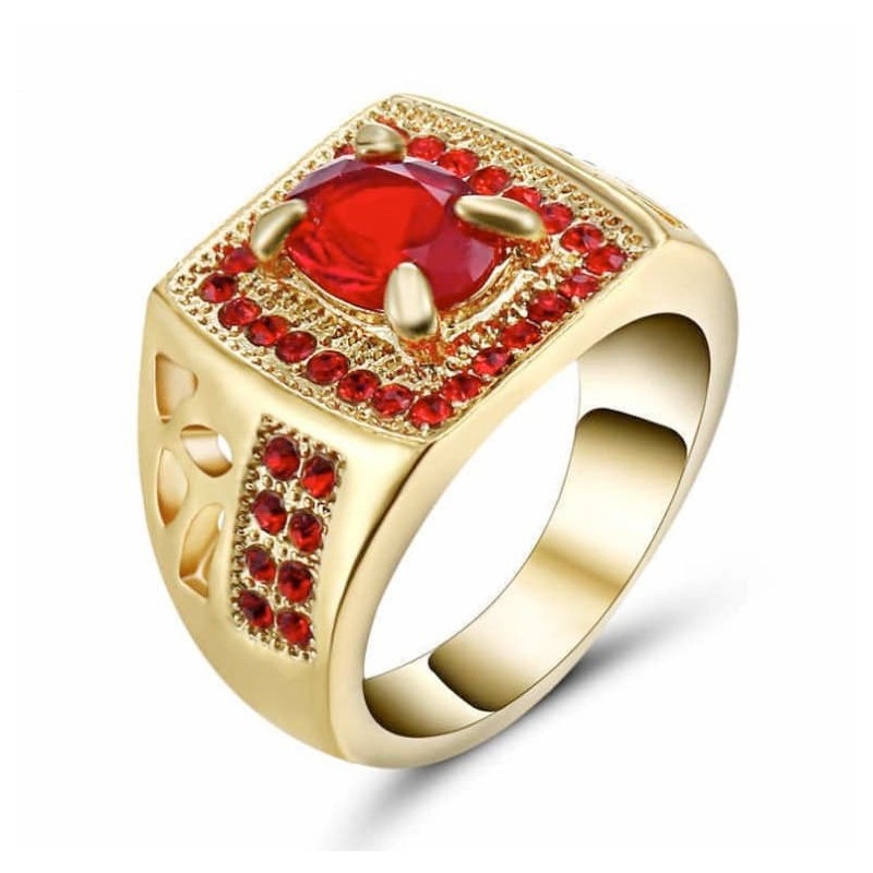Anillo de acero inoxidable para mujer con piedra central de color rojo rubí y cerco de cristales brillantes.