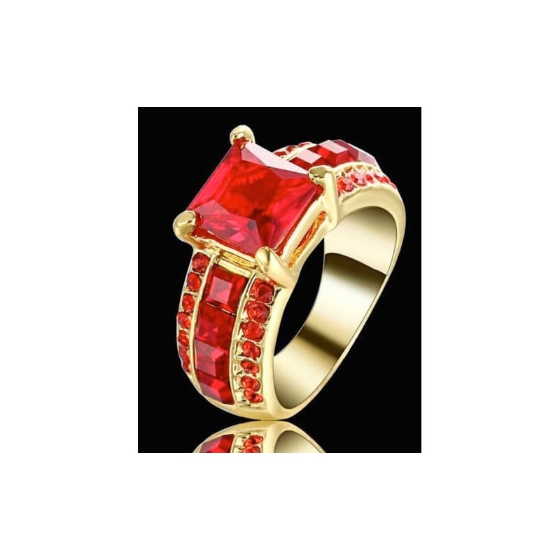 Anillo de acero inoxidable para mujer con piedra central de cristal rojo rubí facetado y montura clásica reforzada.