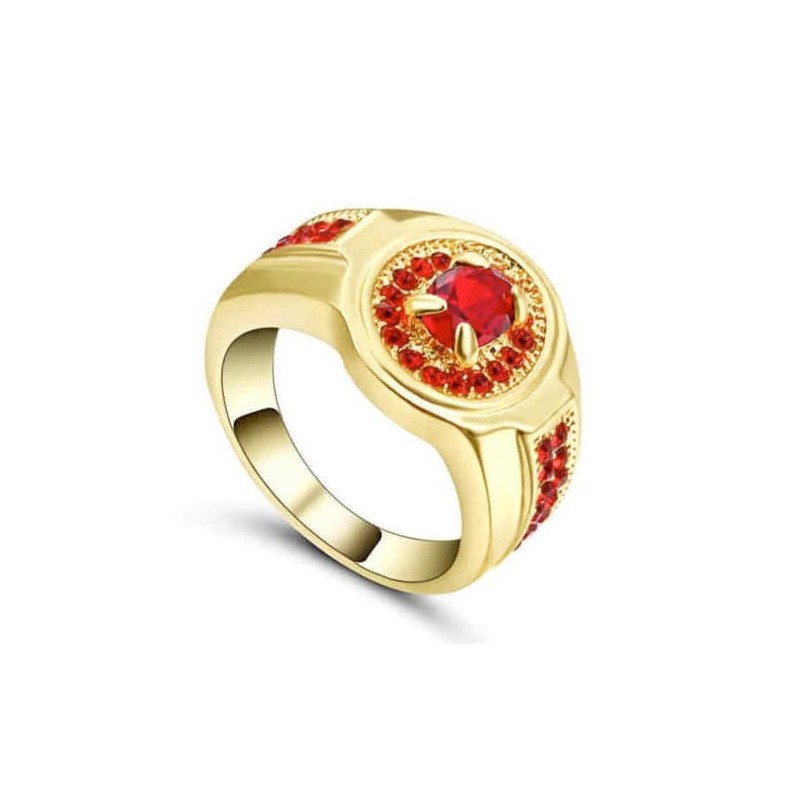 Anillo de acero inoxidable con una piedra central roja estilo granate rodeada de cristales blancos brillantes.