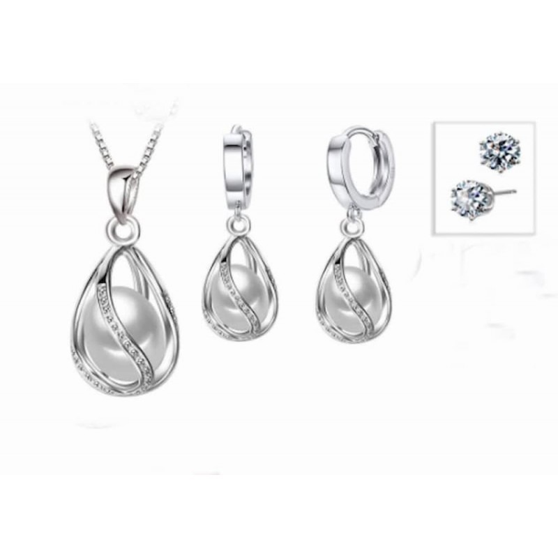 Conjunto de collar y pendientes acabados en plata con perlas blancas