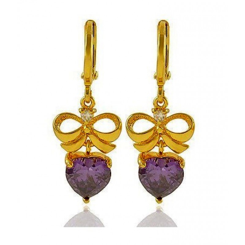Pendientes chapados oro 18k con piedras cristal de color púrpura en forma de corazón